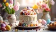 © Waro - A delightful Easter cake decorated with colorful flowers and candy eggs, presented on a table with springtime blooms.