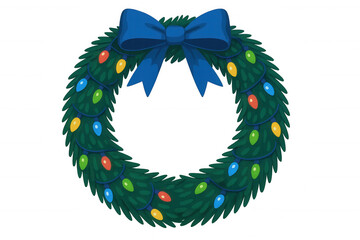 Wall Mural - Christmas wreath with blue bow and colorful lights illuminating a festive holiday decoration, transparent background