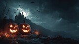 Two illuminated jack-o'-lanterns with carved faces sit on a path, casting an orange glow, as bats fly across the moonlit night sky, with a silhouette of a castle on a hilltop against a moody, dark...