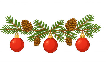 Wall Mural - Christmas fir branches garland with red baubles and pinecones, festive winter holiday decoration celebrating new year