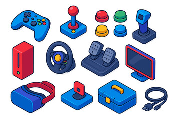 Vibrant Gaming Accessories. Isometric vector illustration set Gaming accessories: wireless gamepad, joystick, button set, console,