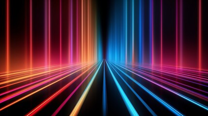Wall Mural - Colorful, neon-lit room with a long, colorful line running down the center. The room is filled with bright lights and the colors are vibrant and eye-catching. Scene is energetic and lively