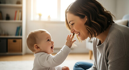 Happy mother and baby playing together on the floor, sharing a joyful moment of connection and laughter in a warm home setting.