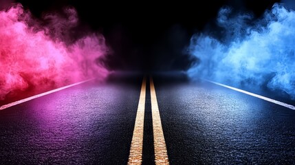 Wall Mural - Road with two lanes and a lot of smoke. The smoke is pink and blue. The road is empty