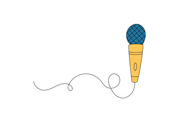 Wall Mural - Groovy y2k microphone sticker in flat yellow and blue color style. Pop music audio icon as a groovy element for party, retro karaoke or festival decoration with sound theme.