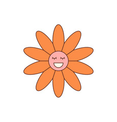 Wall Mural - Groovy retro orange flower with happy face and cute sticker style in cartoon y2k look. Groovy element and smiley symbol add cheerful pop flair, ideal for playful summer concepts.
