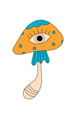 Wall Mural - Groovy psychedelic mushroom with cartoon eye forms magic sticker style in retro colorful y2k palette. Trippy shroom and groovy element blend as pop, fun icon, ideal for playful decorative use.