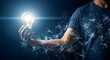 © Beginner Studio - Hand Holding a Glowing Lightbulb with Digital Network Extending from Arm, Representing Idea Generation