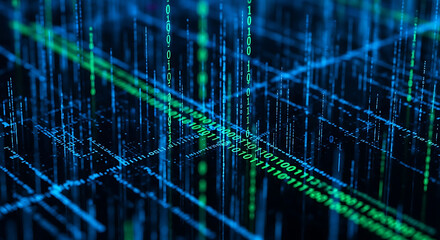 Wall Mural - Abstract Blue and Green Binary Code Data Flow with Network Grid image photo