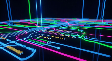 Wall Mural - Abstract Neon Circuit Board with Glowing Code and Data Lines technology digital