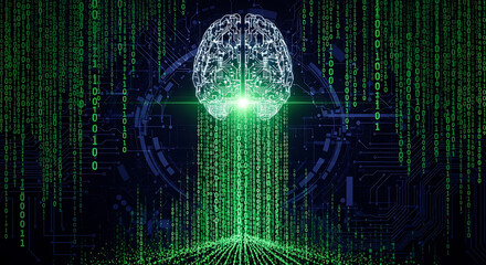 Wall Mural - Digital Brain Formed by Green Binary Code and Circuitry technology data