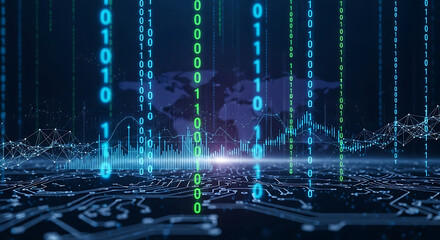 Wall Mural - Digital Circuitry with Falling Binary Code and World Map data
