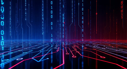 Futuristic Digital Landscape with Binary Code and Circuit Board Paths technology programming