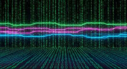 Wall Mural - Futuristic Digital Room with Binary Code Walls and Neon Light Pathways image photo
