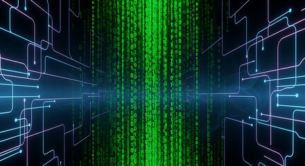 Wall Mural - Vertical Matrix of Green Binary Code Between Blue Circuit Lines image photo