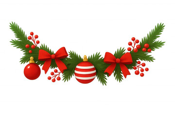 Wall Mural - Christmas festive garland decorating design, pine tree branches with red bows, berries and ornaments, transparent background