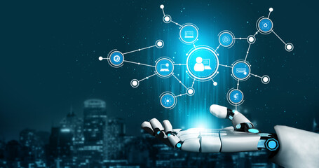 A futuristic robotic hand showcases interconnected digital icons representing technology and communication, symbolizing innovation and connectivity in an urban landscape. Tessel