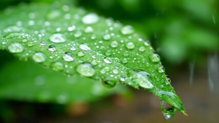 Wall Mural - Close-up of a vibrant green leaf glistening with fresh raindrops, captured with a macro lens and a slow pan across the surface serene, advertising, calm