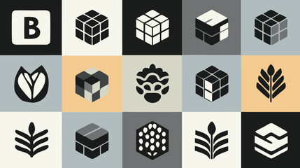 Collection of diverse abstract minimalist vector icons grid, featuring geometric cubes, organic shapes, and a letter B in black, white, and gray.