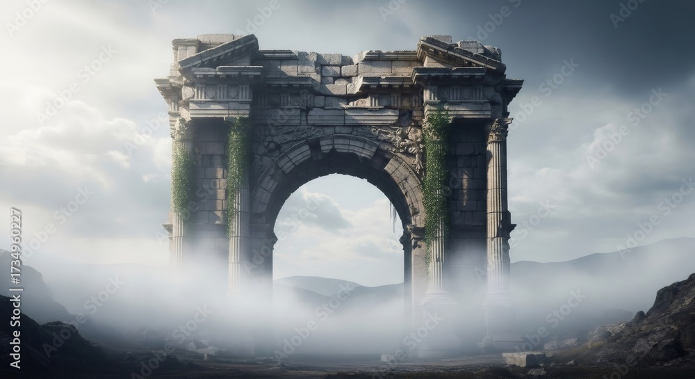 Ancient stone arch with carvings and ivy. Roman ruin with a gate and ...