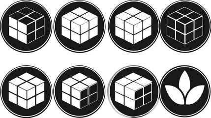 Monochrome Geometric Cube Puzzle and Leaf Icon Set. Abstract Vector Symbols for Problem Solving, Logic, and Nature.