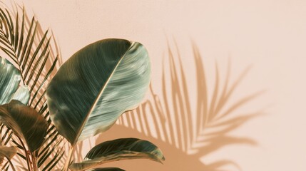 Wall Mural - Tropical Foliage and Palm Leaves Casting Shadows on a Neutral Beige Background, Ideal for Mockups