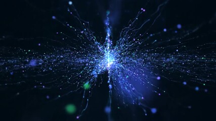 Wall Mural - Abstract slow motion shot of glowing, intertwined light particles moving through a dark, empty space, symbolizing remote data connection concept, loopable, sci-fi