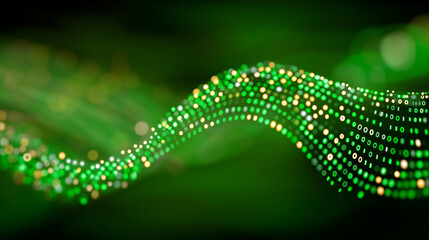 Wall Mural - Emerald Data Flow: A vibrant, abstract representation of data streams, with interconnected nodes and luminous particles against a deep green background.