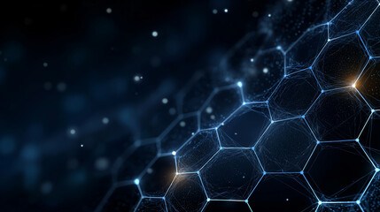 Wall Mural - Cyber Hexagon Grid: A dynamic and immersive abstract digital artwork showcasing a network of interconnected hexagons, lit by glowing blue and golden particles in a space-themed setting.