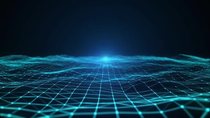 Abstract blue digital landscape with glowing dots and grid lines design.