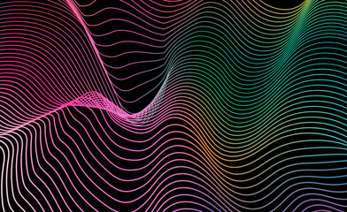 Wall Mural - Vector illustration in modern abstract neon style. Wavy gradient lines in pink, green, blue flow across a black background, creating a dynamic sense of motion and energy.