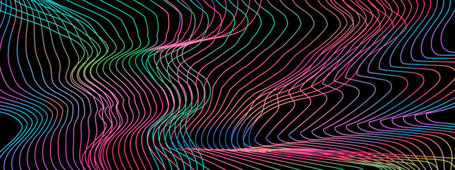 Wall Mural - Vector illustration in modern abstract neon style. Wavy gradient lines in pink, green, blue flow across a black background, creating a dynamic sense of motion and energy.