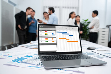 Wall Mural - Project planning software for brisk business project management on the computer screen showing timeline chart of the team project