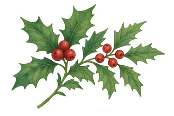 Wall Mural - Holly branch featuring green spiky leaves and bright red berries, suitable for festive christmas and winter holiday designs