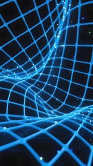 Abstract blue grid structure with glowing nodes and curved lines against a dark background