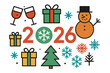 © Kathrin - Happy New Year 2026 greeting card banner. Christmas celebration with geometric icons. Winter holiday design with snowman, gift box, tree, wine glass and snowflake symbols.