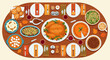 © Avra - Thanksgiving Day traditional dishes vector illustration. Autumn food recipes.Roast turkey with side dishes top view