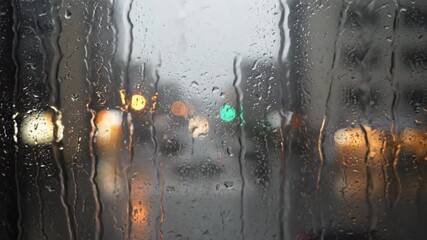 Wall Mural - A shallow depth of field close-up of heavy rain obscuring an abstract, urban background, emphasizing the chaotic beauty of a downpour texture, atmospheric, detail