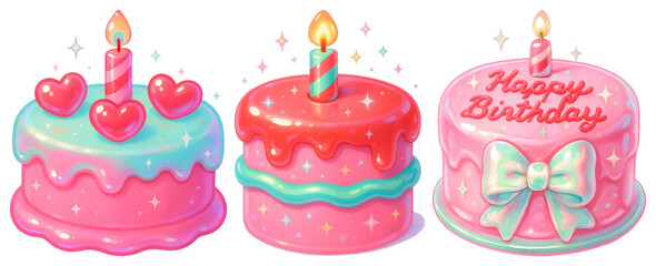 Wall Mural - PNG Colorful whimsical birthday cakes, element set on transparent background