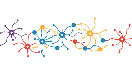 A chain of interconnected neuronlike structures each with colorful central nodes and radiating lines