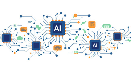 Five interconnected microchips on a white background with AI on two of them