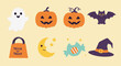 © tika - A delightful flat design vector illustration featuring 8 cute and friendly Halloween icons, perfect for children's projects and lighthearted themes. The collection uses a bright and inviting color.
