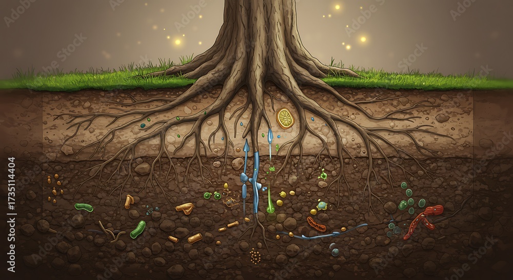 Environment Tree Roots Tree Root System and Thriving Soil Ecosystem Cross-Section with ...