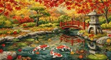 Serene Autumn Japanese Garden with Koi Fish, Red Bridge, and Colorful Maple Leaves