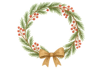 Wall Mural - Christmas wreath with pine branches, red berries and golden bow isolated on transparent background