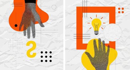 Abstract illustration featuring hands, geometric shapes, and a lightbulb, symbolizing ideas and collaboration.