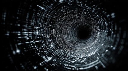 abstract digital tunnel of binary code flowing into a dark void representing data flow and futuristic technology concepts