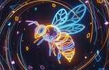 Honeybee in neon lights. Role of bees in pollination concept image. Cartoon character to Use in toy shop poster, animated film, kids movie or online games. 
