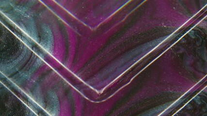 Wall Mural - Ink angle. Acrylic splash. Defocused blue purple neon colorful sparkling dark black particles spreading on abstract art background.