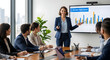 © Tools - Confident businesswoman presenting quarterly sales performance to a diverse team in a modern office, highlighting growth, teamwork, and strategic planning during a professional corporate meeting.